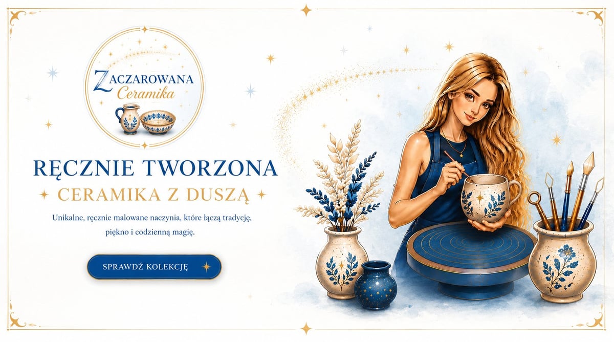 Kobieta prezentująca ręcznie robioną ceramikę w odcieniach granatu i złota z suszonymi kwiatami