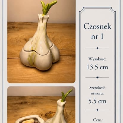 Ceramiczny czosnek z zielonymi pędami, 13,5 cm