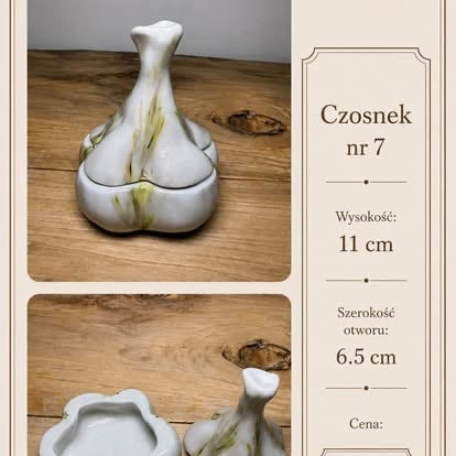 Białe porcelanowe naczynie w kształcie czosnku z zielonymi akcentami